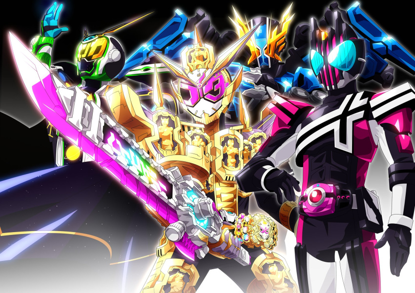 4boys, alternate_form, another_rider_(zi-o), another_zio_ii, armor, armored_boots, black_background, black_bodysuit