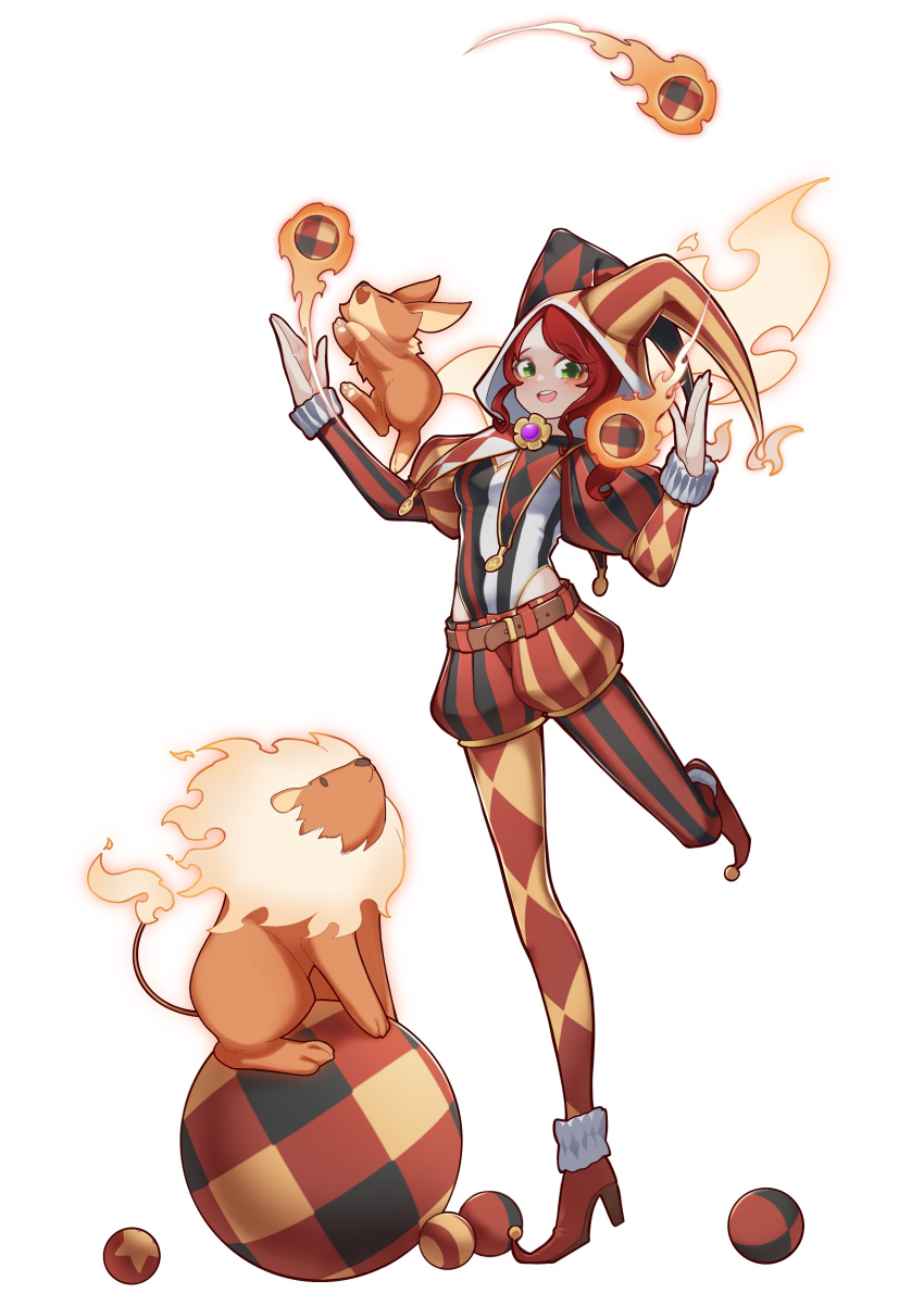 1girl, :d, absurdres, ball, belt, checkered_clothes, full_body, green_eyes, hat, high_heels, highres, jester, jester_cap, jester_costume, juggling, lion, looking_at_viewer, maplestory, oz_(maplestory), pantyhose, pointy_footwear, puffy_sleeves, rabbit, redhead, shorts, smile, standing, standing_on_one_leg, striped_clothes, teeth, upper_teeth_only, white_background, zhuoken