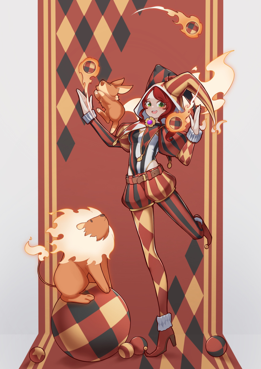 1girl, :d, absurdres, ball, belt, checkered_clothes, full_body, green_eyes