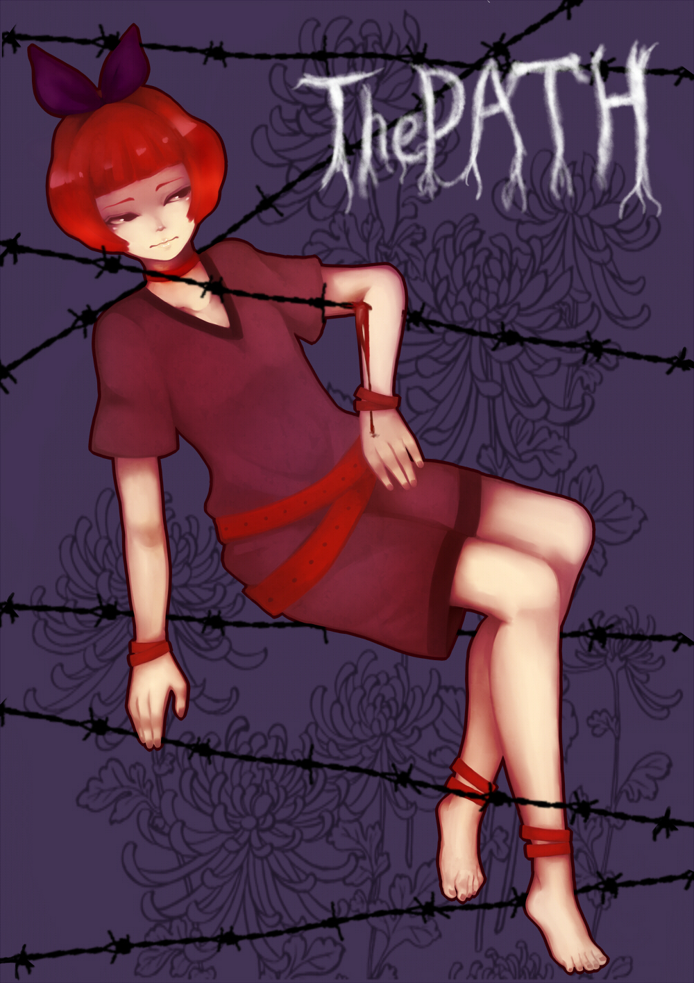 anklet, artist_request, barbed_wire, barefoot, belt, blood, bow, bracelet