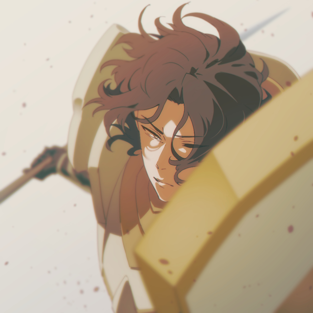 1boy, armor, brown_hair, fire_emblem, fire_emblem_engage, holding, holding_polearm, holding_weapon, incoming_attack, louis_(fire_emblem), male_focus, polearm, solo, suzukisms, weapon, white_armor, yellow_eyes