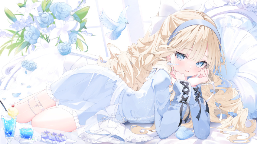 1girl, absurdres, arm_rest, backlighting, bird, blonde_hair, blue_dress, blue_eyes