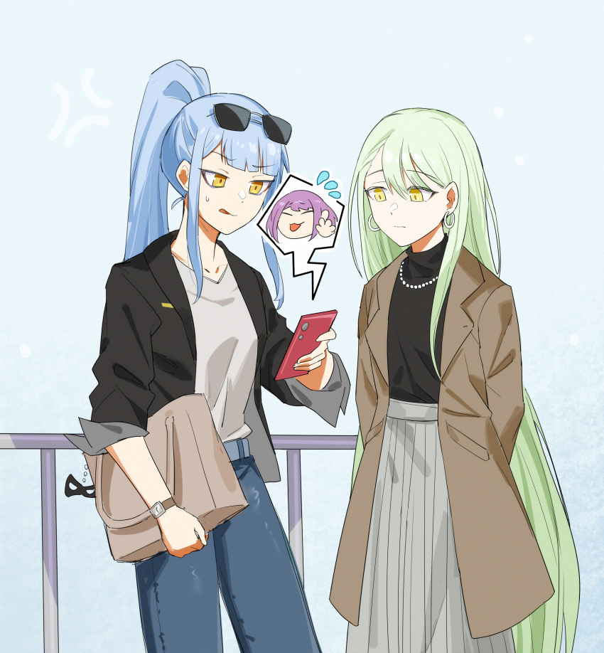 2girls, absurdres, alternate_hairstyle, anger_vein, arms_behind_back, bag, bang_dream!, bang_dream!_it's_mygo!!!!!, black_jacket, black_shirt, blue_background, blue_hair, blue_pants, brown_coat, cellphone, coat, commentary_request, dated_commentary, denim, earrings, eyewear_on_head, green_hair, grey_shirt, grey_skirt, handbag, highres, holding, holding_phone, jacket, jeans, jewelry, long_hair, long_sleeves, multiple_girls, neck, outdoors, pants, parted_lips, phone, ponytail, railing, shirt, skirt, sleeves_rolled_up, smartphone, sunglasses, sweat, togawa_sakiko, very_long_hair, wakaba_mutsumi, watch, watch, yellow_eyes, yuutenji_nyamu, yzj21333