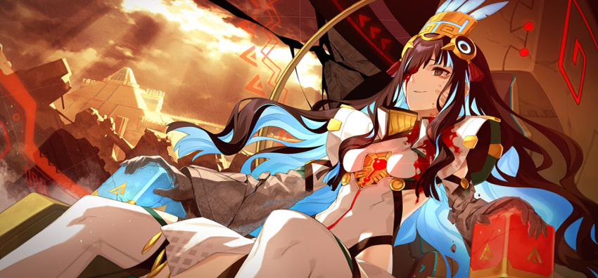 1girl, black_hair, blood, blood_on_clothes, blood_on_face, blue_hair, breasts, colored_inner_hair
