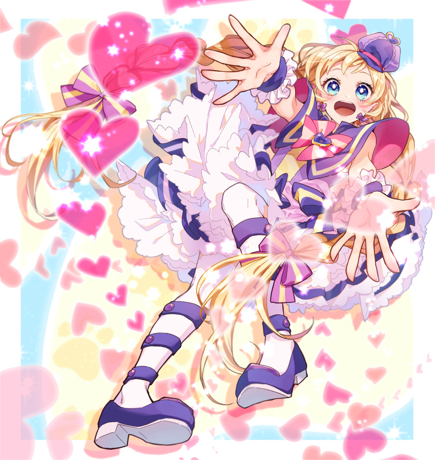 1girl, :o, abstract_background, absurdres, blonde_hair, blue_eyes, bow, bow_earrings
