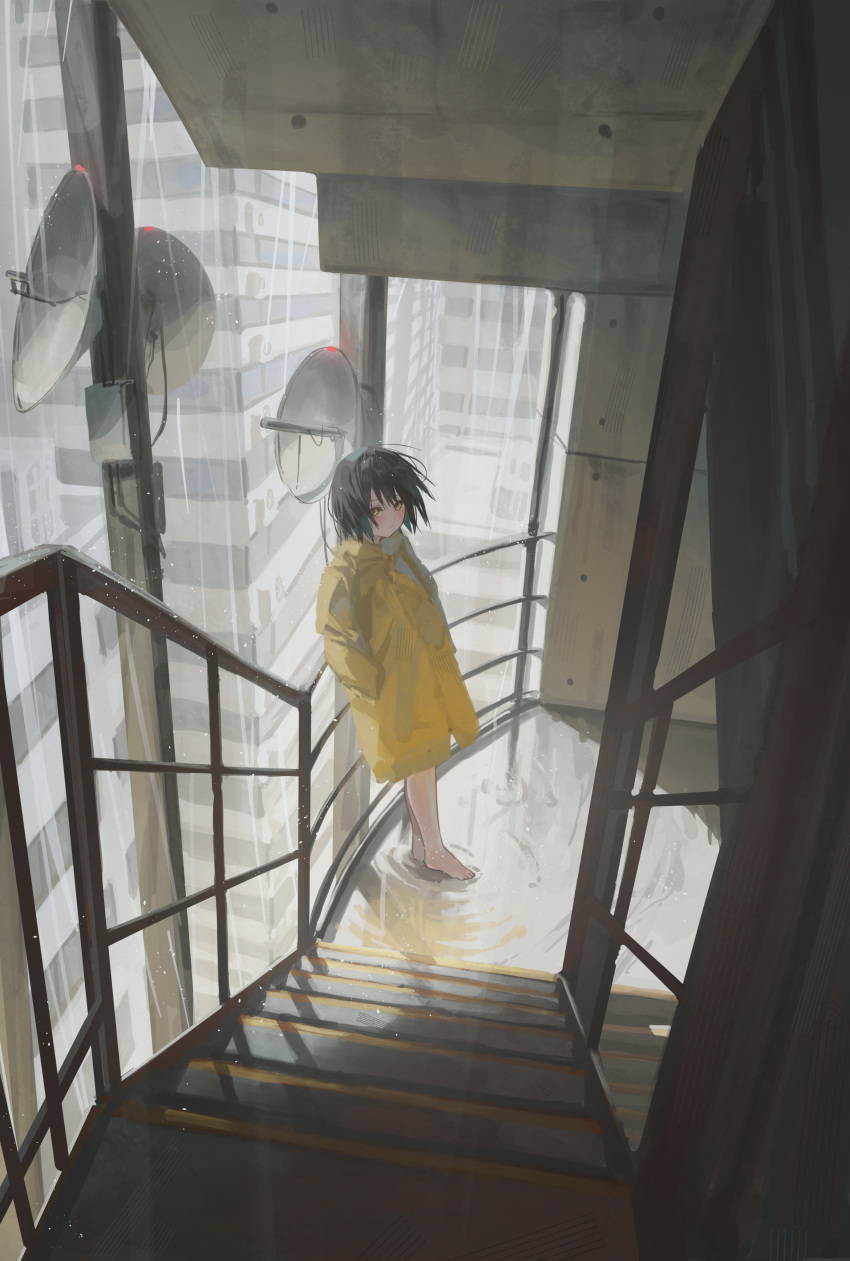 1girl, :|, absurdres, against_railing, barefoot, black_hair, building, city, cityscape, closed_mouth, coat, expressionless, feet, from_side, hair_between_eyes, hands_in_pockets, highres, long_sleeves, looking_at_viewer, original, puddle, pulmo_(artist), railing, rain, rain_poncho, ripples, satellite_dish, scenery, shadow, short_hair, solo, stairs, stairwell, standing, wide_shot, yellow_coat, yellow_eyes