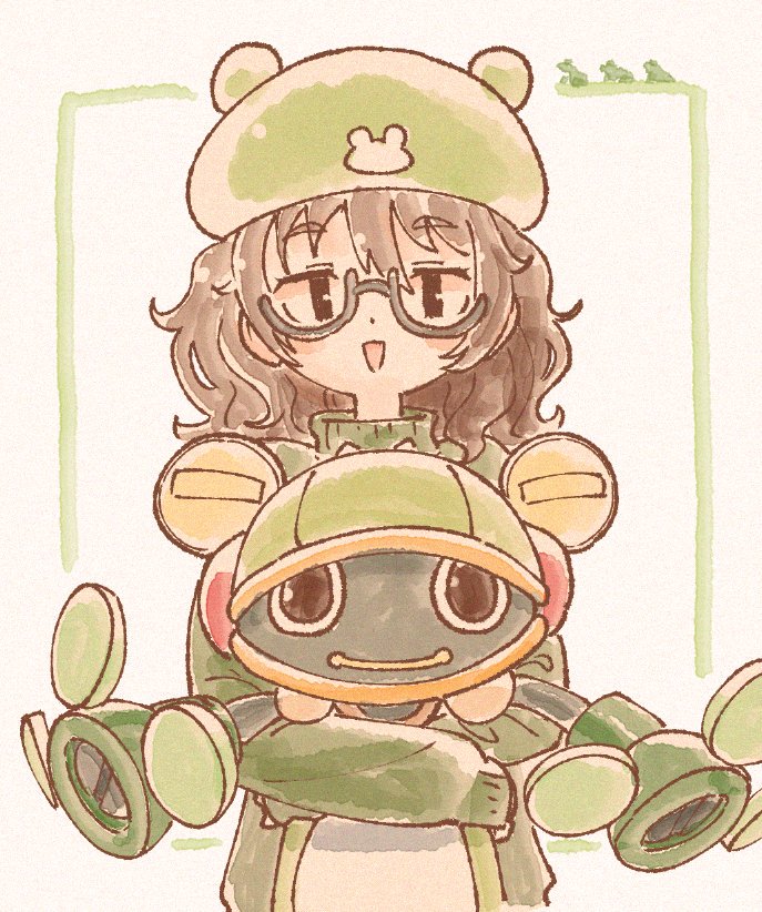 1girl, araki_hina, bad_id, bad_twitter_id, brown_eyes, brown_hair, commentary_request, crossover, glasses, green_hat, hat, holding, idolmaster, idolmaster_cinderella_girls, long_sleeves, looking_at_viewer, mega_man_(classic), mega_man_(series), mega_man_4, messy_hair, open_mouth, robot, ruru_ashihara, semi-rimless_eyewear, short_hair, smile, solo, toad_man, under-rim_eyewear, upper_body