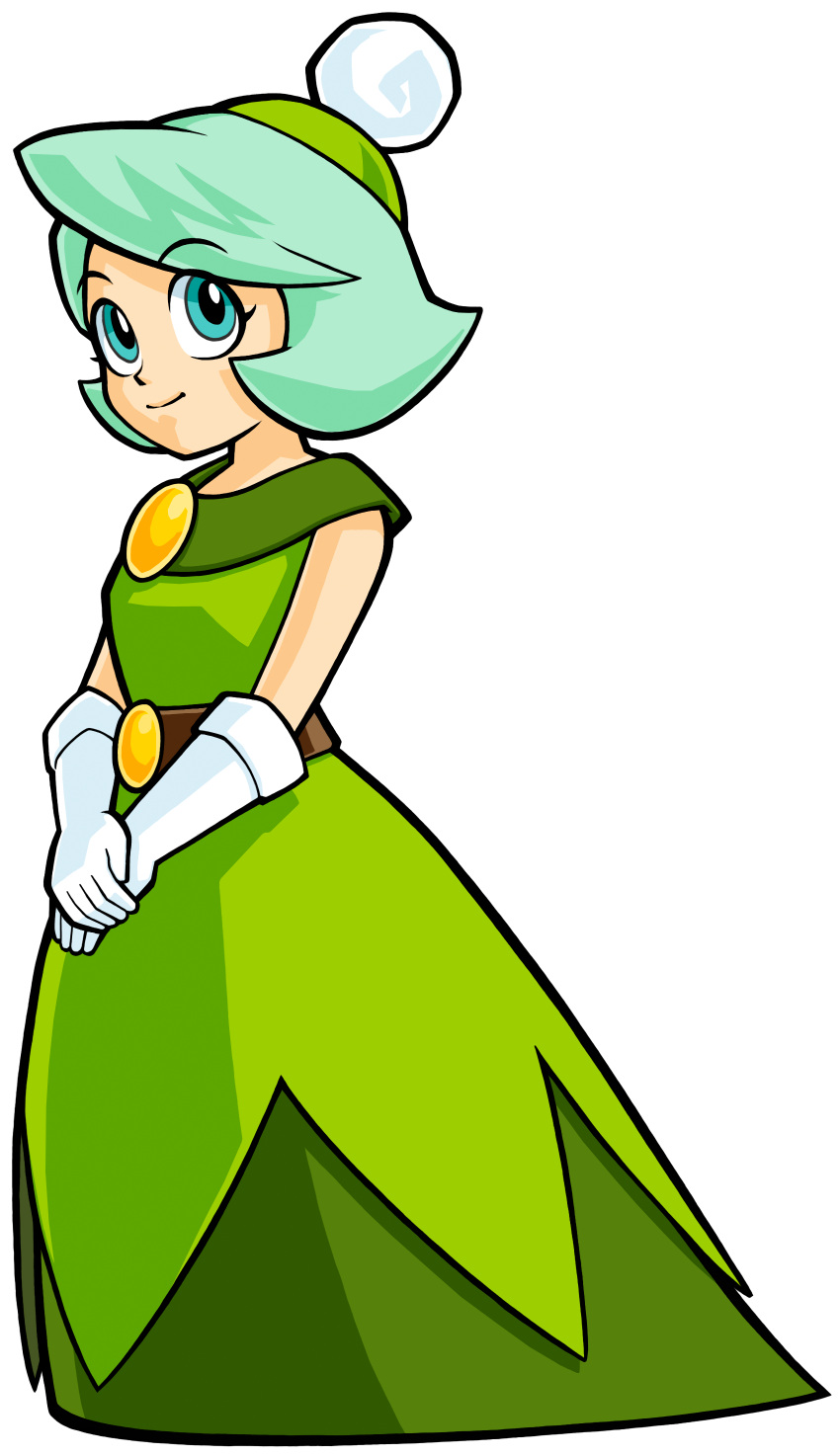 1girl, absurdres, blue_eyes, dress, gloves, green_dress, green_hair, green_hat