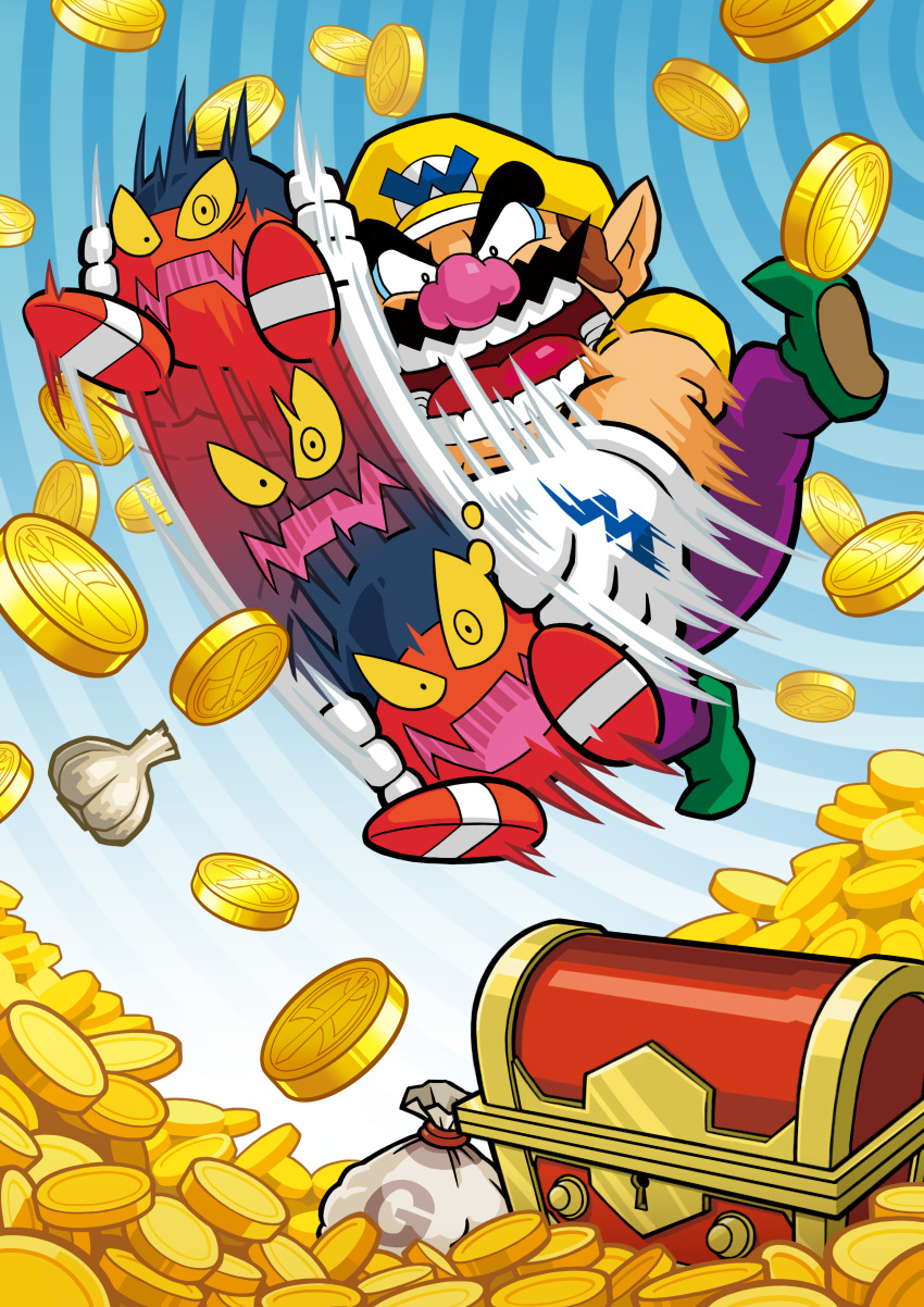 1boy, absurdres, big_nose, coin, facial_hair, garlic, gloves, gold_coin