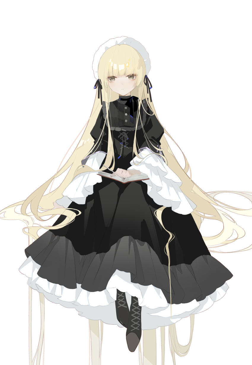 1girl, 7tkei, absurdres, black_choker, black_dress, black_eyes, black_footwear, blonde_hair