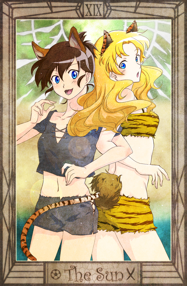 :3, animal_ears, blonde_hair, blue_eyes, brown_hair, elisa_dolittle_naruse, locked_arms, long_hair