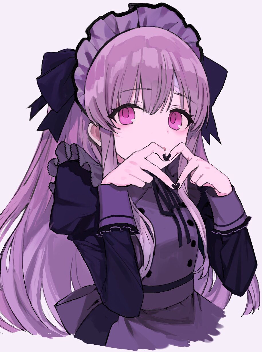 1girl, bad_id, bad_twitter_id, black_nails, black_ribbon, hands_up, heart, heart_hands