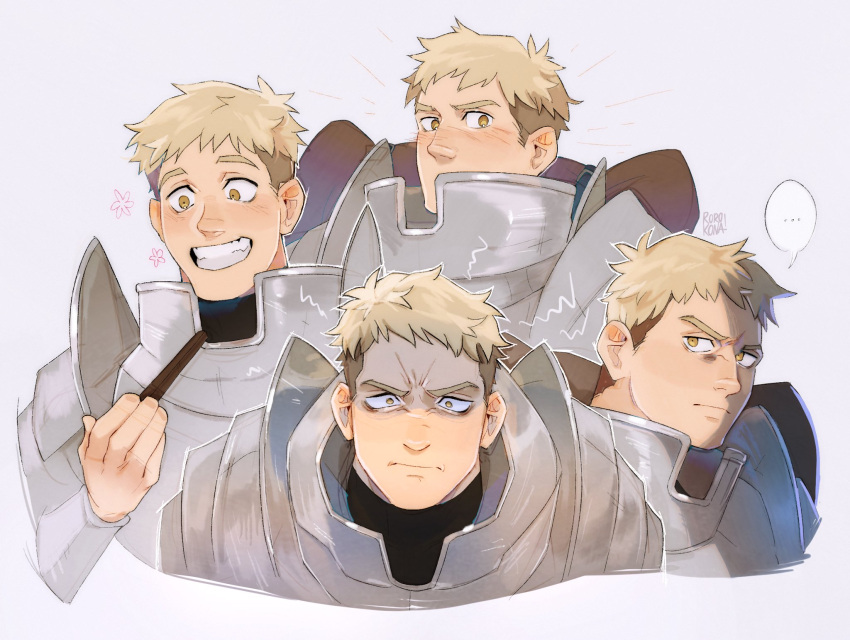..., 1boy, armor, artist_name, blonde_hair, blush, closed_mouth, constricted_pupils