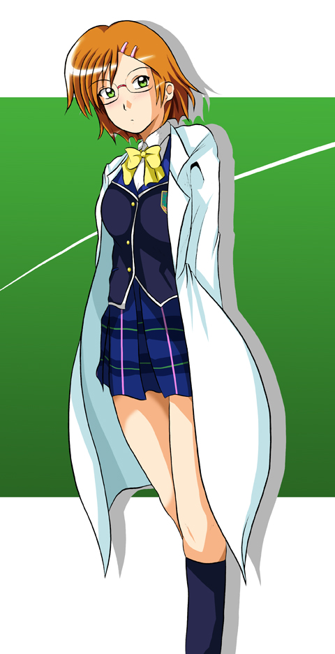 arms_behind_back, breasts, brown_hair, glasses, godou_tsugumi, hair_ornament, hairclip, labcoat