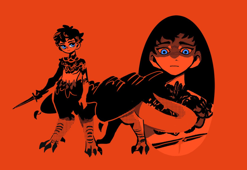 1boy, black_feathers, black_hair, black_wings, blue_eyes, bxnke, centauroid, chimera