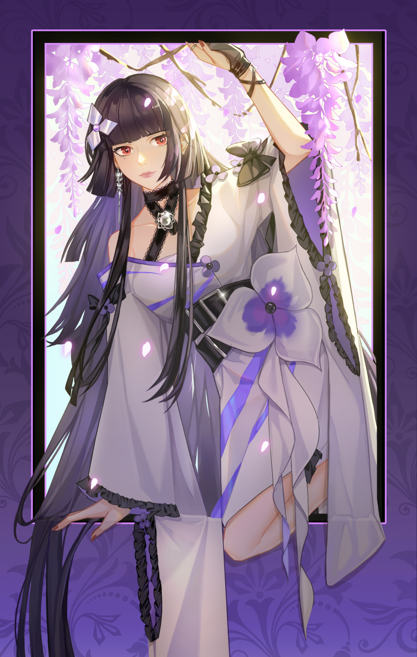1girl, absurdres, aji_(a.ki), artist_glove, black_gloves, black_hair, blunt_bangs, blunt_ends, branch, brooch, chinese_commentary, climbing, collarbone, commentary, earrings, falling_petals, flower, gloves, glowing, glowing_petals, highres, hime_cut, japanese_clothes, jewelry, kimono, knee_up, long_hair, looking_at_viewer, mole, mole_under_eye, pansy, partially_fingerless_gloves, path_to_nowhere, petals, pink_lips, pink_petals, purple_flower, purple_kimono, purple_pansy, red_eyes, ribbon-trimmed_kimono, ring, shuriken_hair_ornament, single_bare_shoulder, single_earring, single_off_shoulder, solo, sumire_(path_to_nowhere), through_medium, very_long_hair, wisteria