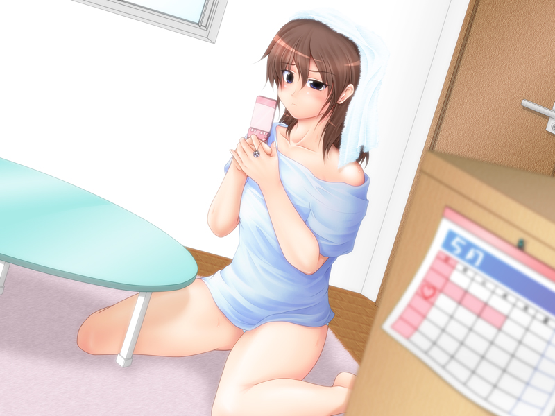 alternate_hairstyle, blue_eyes, brown_hair, calendar, calendar_(object), cellphone, hair_down, kneeling