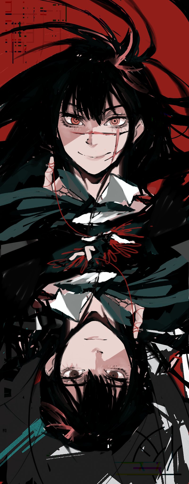 2girls, abstract_background, black_hair, brown_eyes, chainsaw_man, highres, index_finger_raised, lantern_madoyoi