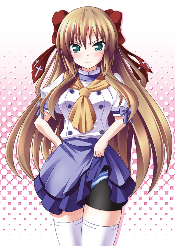 blush, bow, breasts, brown_hair, green_eyes, hair_bow, hair_ribbon, hand_on_hip