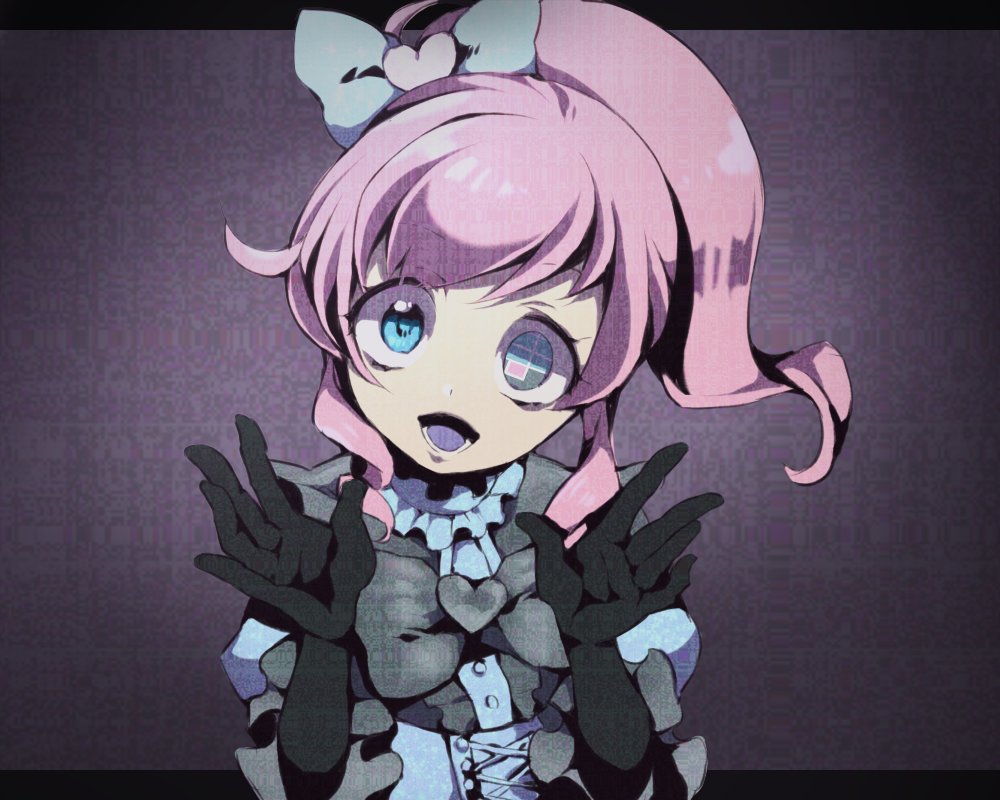 1girl, :d, black_skin, blue_eyes, bow, bug_mirai, colored_skin, commentary_request, dark_persona, frilled_sleeves, frills, glitch, grey_bow, hair_bow, hands_up, heart, heterochromia, kiratto_pri_chan, letterboxed, long_hair, looking_at_viewer, mitsuo_(mitsuo_oekaki), momoyama_mirai, non-web_source, open_mouth, pink_hair, ponytail, pretty_series, pripara, pripara:_all_idol_perfect_stage!, sidelocks, smile, solo, upper_body