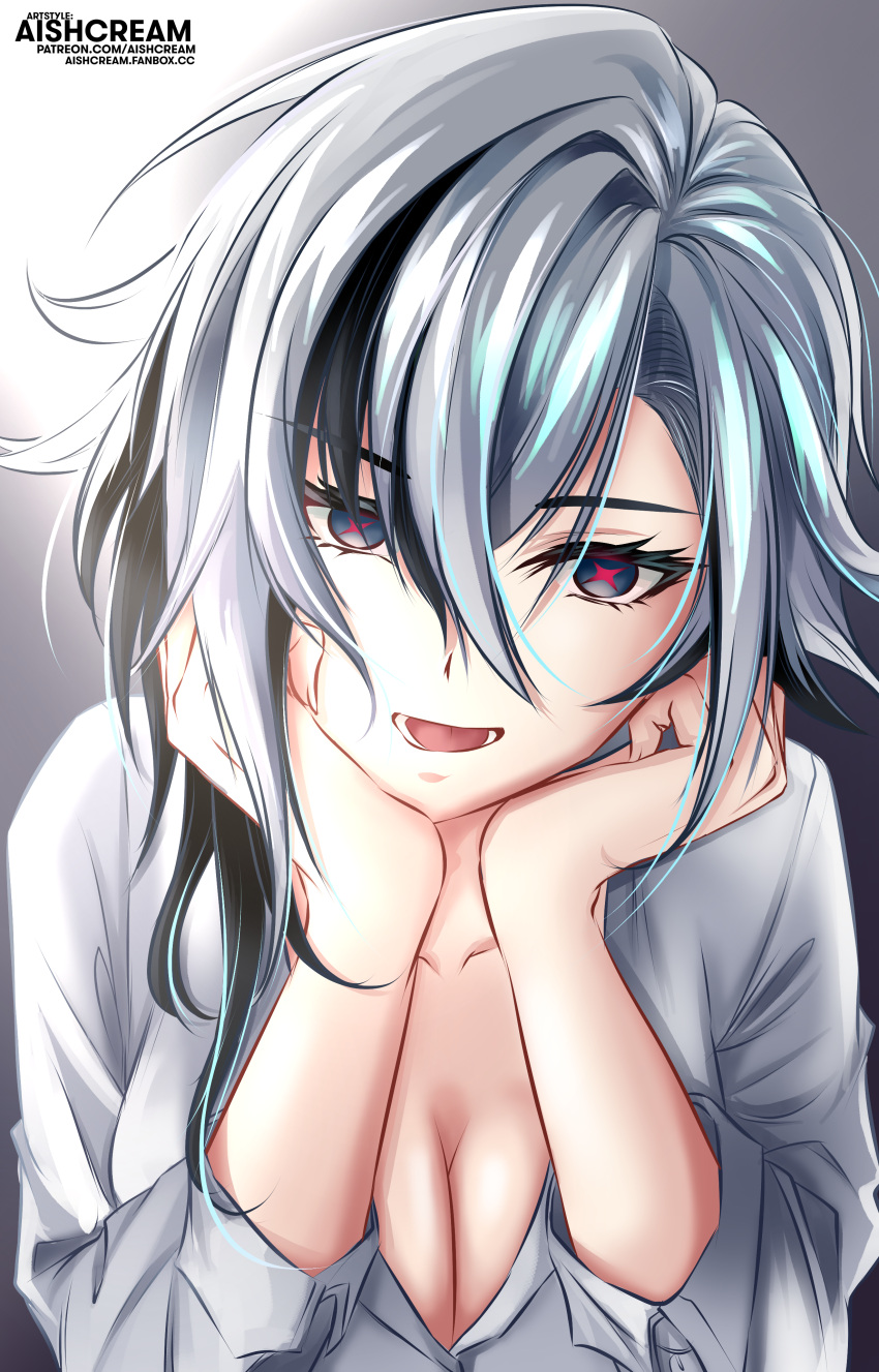 absurdres, aishcream24, arlecchino_(genshin_impact), arlequino, cleavage, close-up, genshin_impact, grey_hair