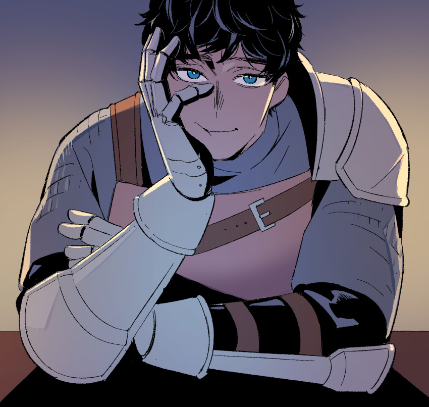 1boy, armor, black_hair, blue_background, blue_eyes, bright_pupils, brown_background, closed_mouth