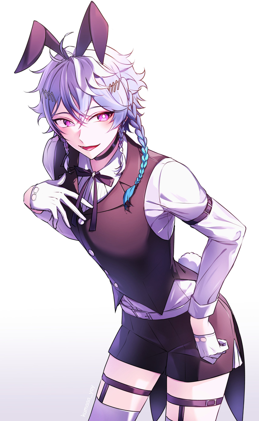 1boy, absurdres, alternate_costume, animal_ears, arm_belt, belt, black_choker, black_ribbon