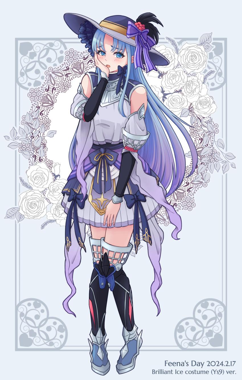 1girl, absurdres, alternate_costume, ancient_ys_vanished, armor, armored_dress, blue_background, blue_eyes