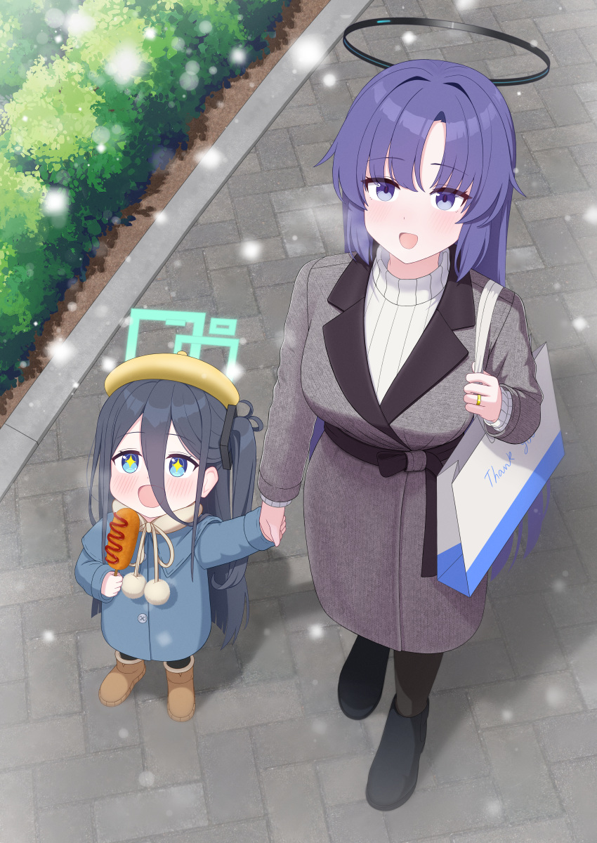 +_+, 2girls, :d, absurdres, aged_down, alternate_costume, ankle_boots, aris_(blue_archive)