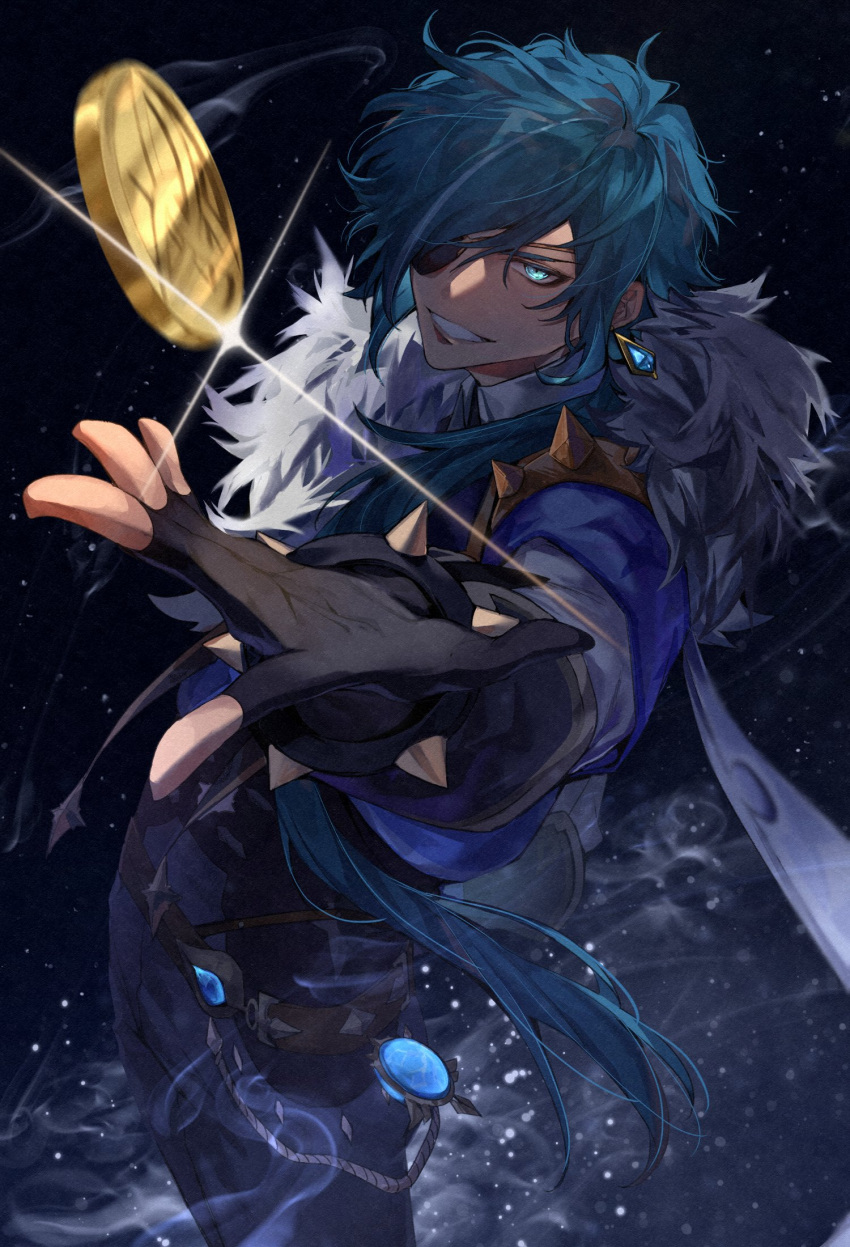 1boy, arm_up, armband, belt, black_background, black_gloves, blue_armband, blue_background