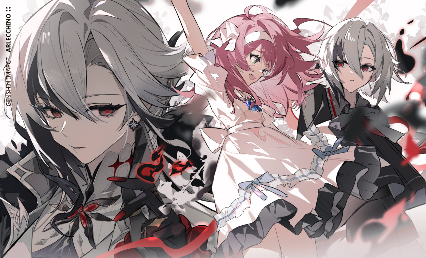 2girls, absurdres, aged_down, androgynous, arlecchino_(genshin_impact), arm_up, back_bow, black_eyes