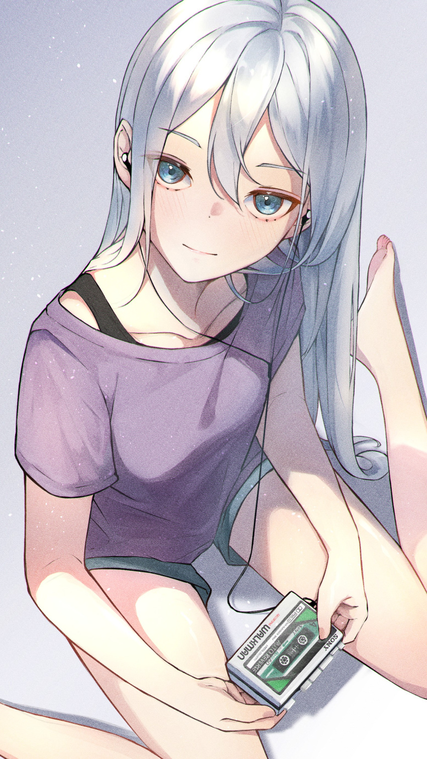 1girl, 25-ji_nightcord_de._(project_sekai), absurdres, black_tank_top, blue_eyes, blush, cassette_tape, coelacanth_(ken1984)