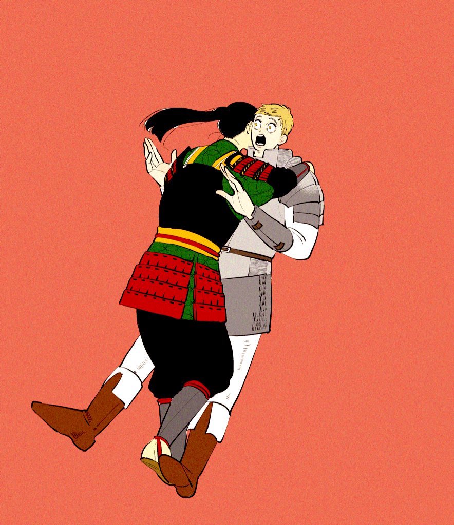 2boys, armor, baggy_pants, black_hair, black_pants, blonde_hair, boots, brown_footwear, commentary_request, dungeon_meshi, floating_hair, full_body, goldchai2525, hand_on_another's_shoulder, hands_up, hug, japanese_armor, laios_touden, long_hair, long_sleeves, looking_at_another, male_focus, multiple_boys, open_mouth, pants, pauldrons, ponytail, red_background, sandals, short_hair, shoulder_armor, shurou, simple_background, sode, surprise_hug, very_short_hair, white_pants, yellow_eyes