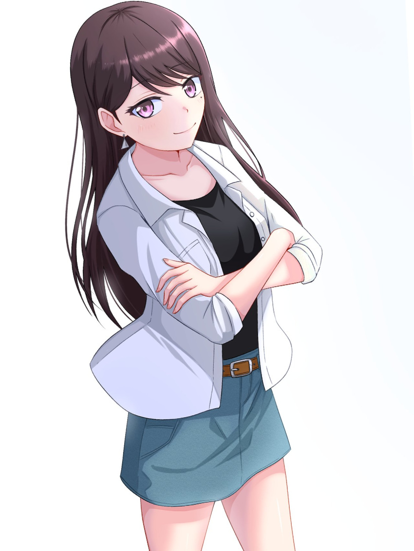 1girl, bang_dream!, bang_dream!_it's_mygo!!!!!, black_shirt, blue_skirt, brown_hair, closed_mouth, commentary_request, cowboy_shot, crossed_arms, denim, denim_skirt, earrings, fukumaru1021, gradient_background, highres, jewelry, long_hair, looking_at_viewer, mole, mole_under_eye, open_clothes, open_shirt, shiina_taki, shirt, skirt, sleeves_rolled_up, smile, solo, violet_eyes, white_background, white_shirt