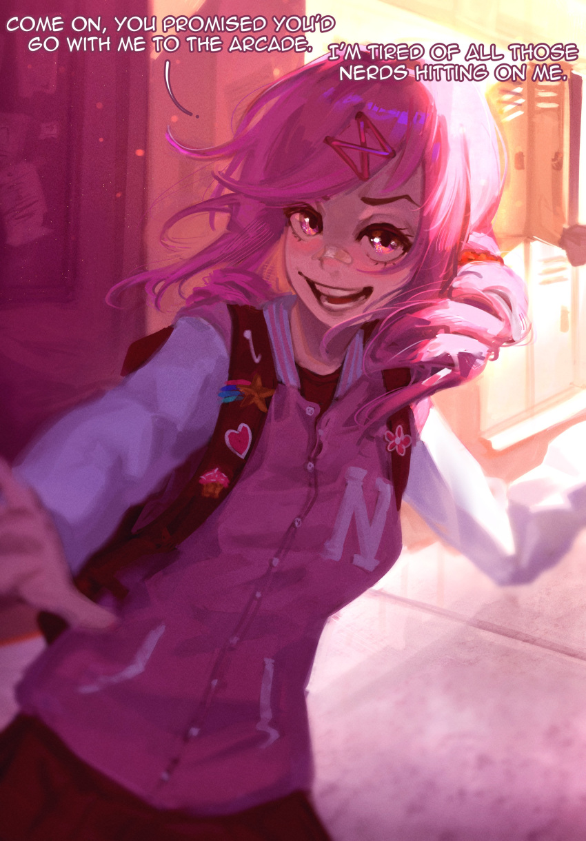 1girl, :d, absurdres, alternate_costume, alternate_hairstyle, backpack, badge, bag