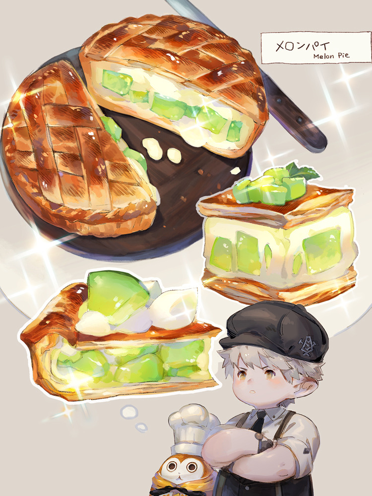 1boy, chef_hat, commentary, cream, creature, crossed_arms, crumbs, english_commentary