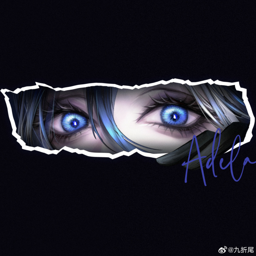 1girl, adela_(path_to_nowhere), bags_under_eyes, black_gloves, blue_eyes, blue_hair, character_name, chinese_commentary