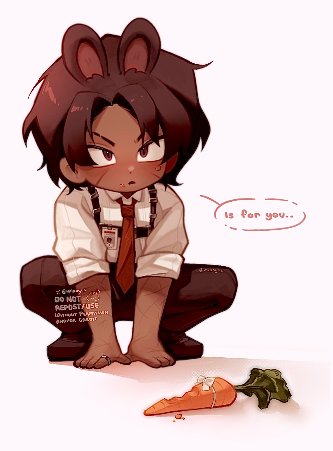 1boy, animal_ears, black_footwear, black_pants, bow, carrot, collared_shirt, dark-skinned_male
