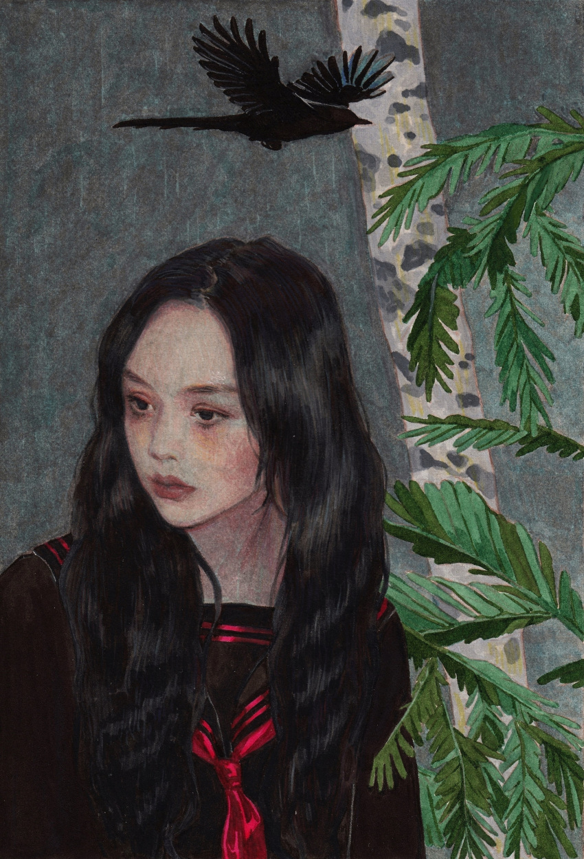 1girl, absurdres, birch_tree, bird, black_eyes, black_hair, black_sailor_collar, black_shirt