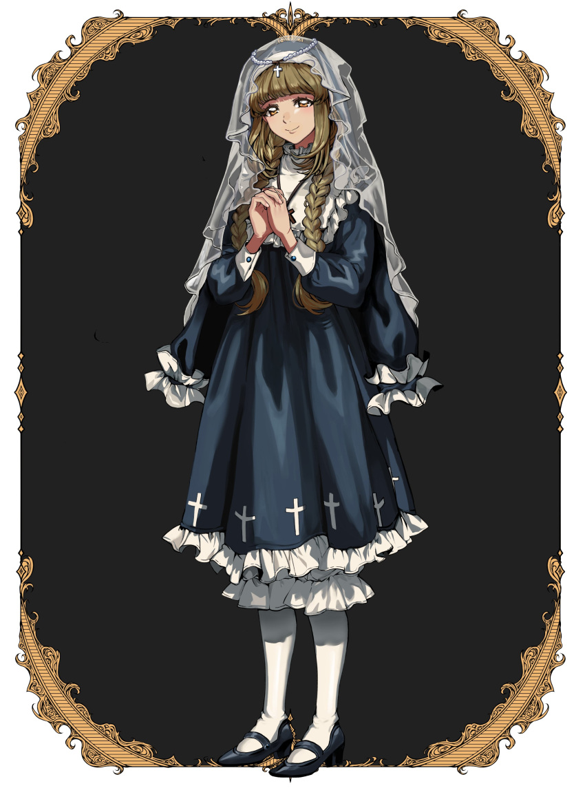 1girl, absurdres, black_background, black_footwear, blue_dress, blunt_bangs, border, braid