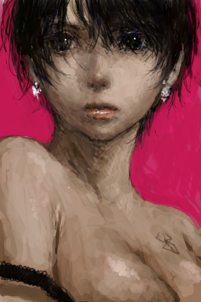 berserk, black_eyes, black_hair, brand_of_sacrifice, breasts, casca, cleavage, dark_skin, earrings, jewelry, lowres, pon, portrait, short_hair, solo