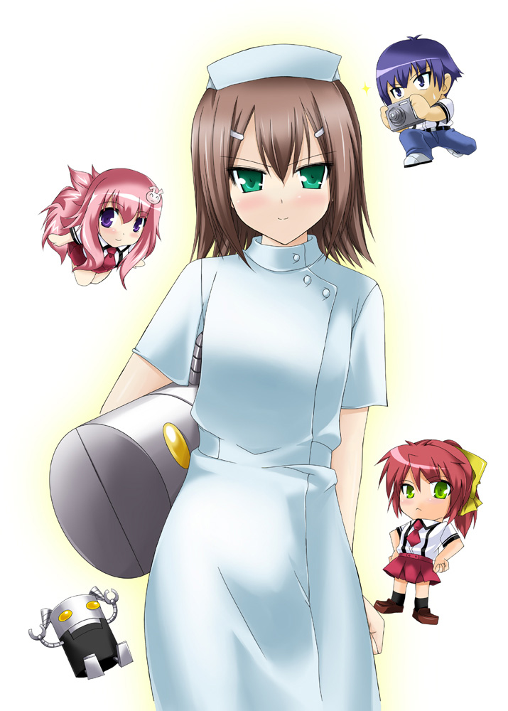 brown_hair, camera, chibi, crossover, green_eyes, himeji_mizuki, kinoshita_hideyoshi, makishima_rin