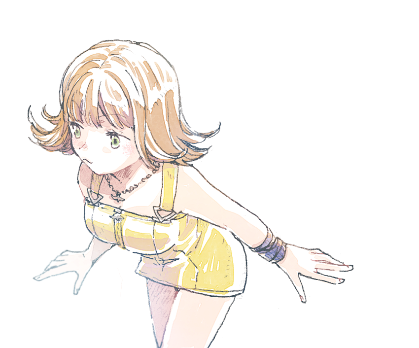 1girl, bare_shoulders, bracelet, breasts, brown_hair, cowboy_shot, curled_ends, final_fantasy
