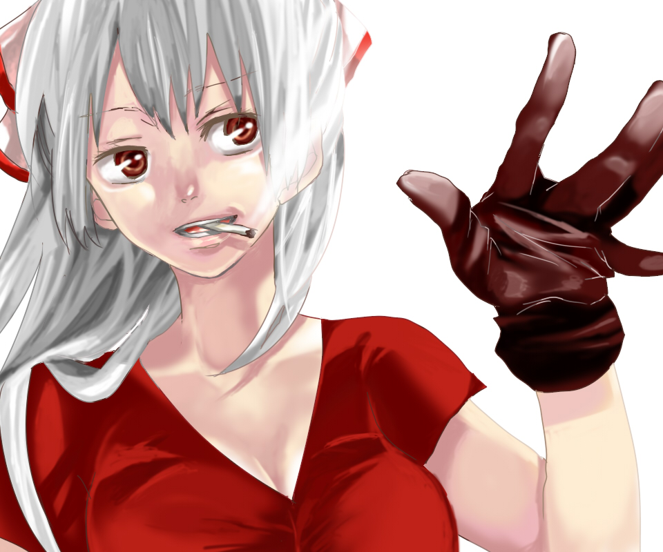 cigarette, face, fujiwara_no_mokou, gloves, hands, ojo_(rabu360), rabu360, simple_background, smoking, touhou