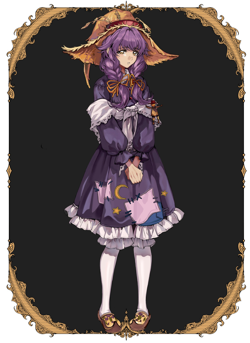 1girl, absurdres, black_background, border, braid, breasts, brown_footwear, crescent_print, dress, frilled_dress, frills, full_body, hair_ribbon, hat, highres, lace-trimmed_scarf, lace_trim, little_goody_two_shoes, long_sleeves, looking_at_viewer, medium_breasts, ornate_border, own_hands_together, pantyhose, parted_lips, patchwork_clothes, purple_dress, purple_hair, ribbon, rozenmarine_(little_goody_two_shoes), scarf, simple_background, solo, standing, star_(symbol), star_print, straw_hat, twin_braids, v_arms, wefightasone_1, wheat, white_pantyhose, white_scarf, yellow_eyes, yellow_hat