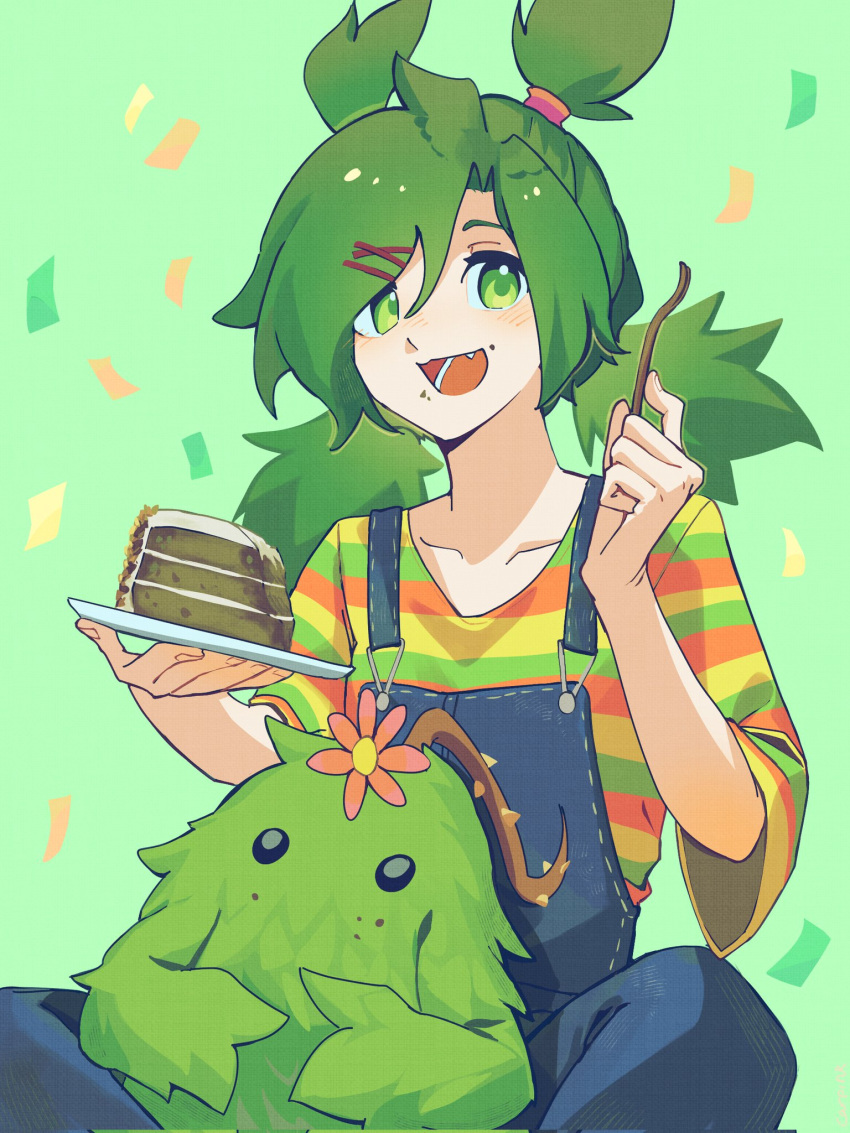 1girl, :d, anna_(epic_battle_fantasy), blue_overalls, blush, bush, cake, confetti