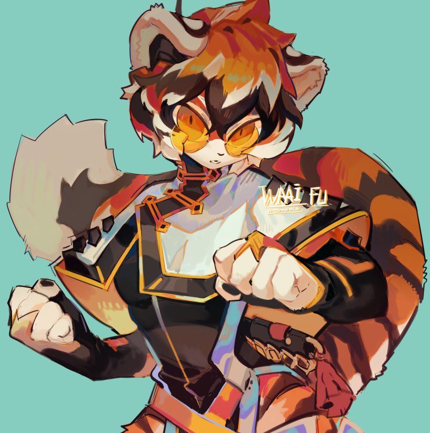 1girl, animal_ears, arknights, blue_background, chinese_clothes, clenched_hands, fighting_stance, furry