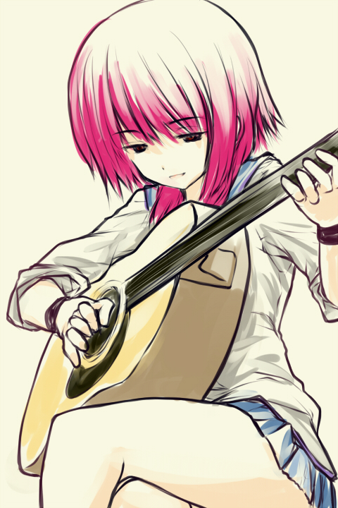 angel_beats!, asterisk_(artist), guitar, instrument, iwasawa, red_eyes, red_hair, redhead, school_uniform, serafuku, short_hair, sleeves_rolled_up, wristband