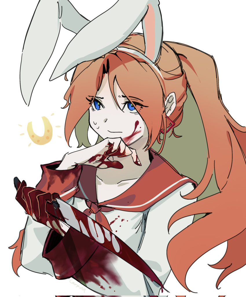 1girl, animal_ears, blood, blood_on_clothes, blood_on_face, blood_on_hands, blood_on_weapon, cropped_torso