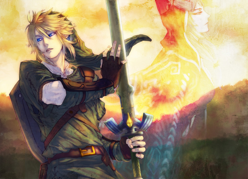 blonde_hair, blue_eyes, face, gloves, hat, kitunen, link, master_sword